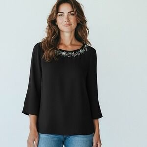 Liz Claiborne Career‎ Black Embroidered Neckline 3/4 Sleeve Top Womens M